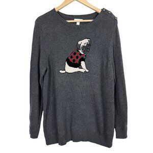 Charter Club Women’s Pug Dog Knit Sweater Sz XL Cotton Blend Gray Long Sleeves